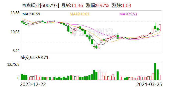 造纸板块异动 宜宾纸业涨停 去年主业预亏最高1.1亿元